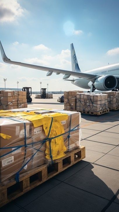 Carga paletizada en plataforma de aeropuerto